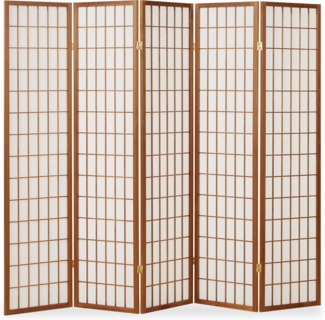 Homestyle4u Paravent 5-tlg., Holz tabak, Reispapier weiß, 220x175 cm