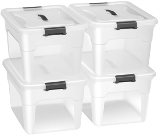 Juskys Aufbewahrungsbox mit Deckel, 4er-Set, stapelbar, Kunststoff transparent, 30 Liter