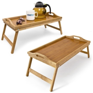Relaxdays Betttablett klappbar, 2 Stück, Bambus / MDF natur, 60 x 30 x 23 cm