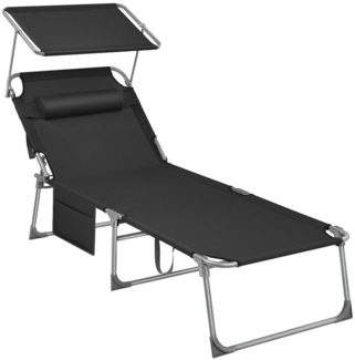 Songmics Gartenliege klappbar, mit Kopfstütze und verstellbarer Rückenlehne, 1x Sonnenliege, mit Seitentasche, Schwarz, 71 x 200 x 38 cm
