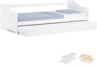 Gästebett Holzbett 90x200 cm mit 2 Matratzen Weiß Tagesbett ausziehbar Jugendbett Ausziehbett Funktionsbett