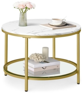 Vasagle Couchtisch mit Glasplatte, Holz / Stahl, Marmorweiß-Gold, Ø 65x46 cm