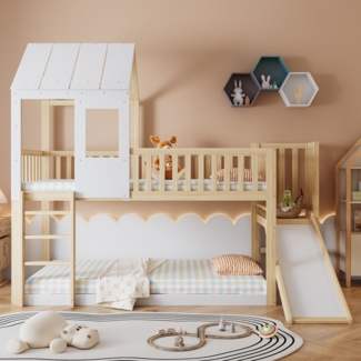 Merax Etagenbett mit rechtwinkliger Leiter und Rutsche, Hausbett mit Dach und Fenster, Kinderbett mit Fallschutz und Gitter, Rahmen aus Kiefer, Natur+Weiß (90x200cm)