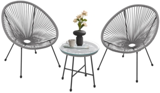 Juskys 'Ostana' Balkonmöbel Set, 3-teilig, Tisch + 2x Sessel, Polyrattan, Hellgrau