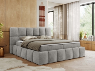 Boxspringbett mit dekorativem Kopfteil, Doppelbett mit zwei 7 Härtezonen Multipocket-Matratzen, Bettkästen, Polsterbett - NIRA - 180 x 200 cm - Hellgrau Struktur - H3
