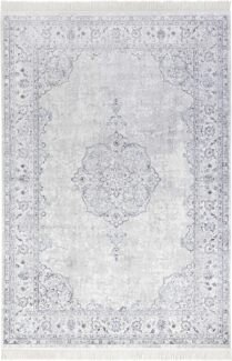 Orientalischer Samt-Teppich Fransen Oriental Vintage Medallion Pastell-Blau - 135x195x0,5cm