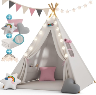 Spielwerk Kindertipi mit Lichterkette, Bodenmatte & Kissen, Baumwolle beige, 120 x 120 x 160 cm