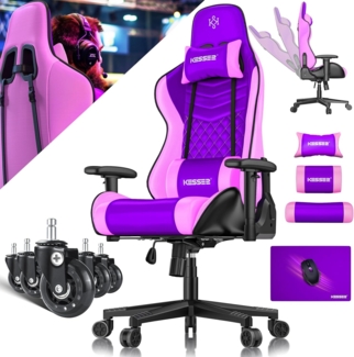 KESSER® Gaming Stuhl Ergonomisch Bürostuhl mit Kopfstütze & Lendenkissen | Racing Gamer Stuhl 150kg belastbar | Armlehne 360° | Drehbarer Schreibtischstuhl Gaming Chair + Gummi-Rollen Rosa / Violett