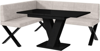 MEBLINI Eckbank für Esszimmer mit ausziehbarem Tisch - Küchenbank - Essecke - Sitzecke Küche - PETER - X-Beine 128x168x87cm Links - Beige Samt/M Schwarz Hochgl.