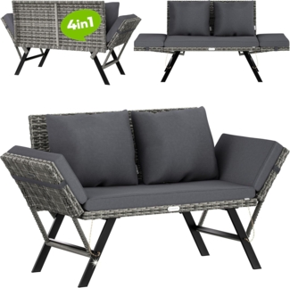 Casaria® Gartenbank mit Liegefunktion / Auflage / Kissen, Polyrattan grau, 176 x 56 x 81 cm