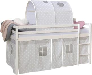 Hochbett Spielbett Kinderbett Kiefer Leiter Vorhang grau Stern 90x200 Tunnel