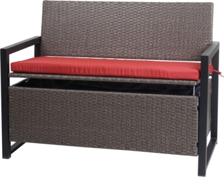 Poly-Rattan 2er Sitzbank HWC-F39, Gartenbank Truhenbank, Staufach Aufbewahrung Sitzkissen ~ grau-meliert, Kissen rot
