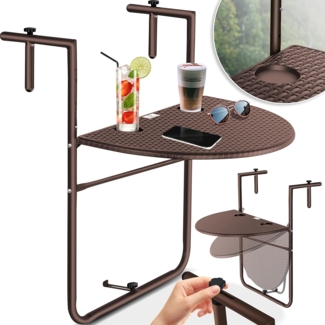 KESSER® Balkonhängetisch klappbar Balkontisch zum Einhängen Balkon Hängetisch 3-fach höhenverstellbarer Klapptisch Balkongeländer wetterfest mit 2x Getränkeplätze Tischplatte BxT: 62 x 60 cm Braun