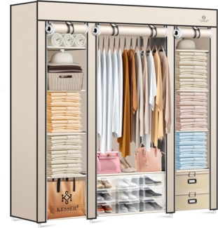 KESSER® Kleiderschrank Stoffschrank Stabil mit Kleiderstange & Ablagen, Inkl. 5X Kleiderbügel, Stoff Faltschrank für Schlafzimmer, Ankleidezimmer Garderobe mit Kleiderständer 150 x 45 x 175 cm Beige