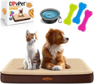 Lovpet® 'Cookie' Hundebett, orthopädisches, Inkl. Napf, 3x Kauknochen, Bezug abnehmbar und waschbar, Schaum / Plüsch / PP-Cotton, Braun / Beige, M (76 x 51 x 7.6 cm)