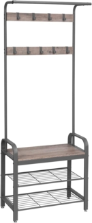 Vasagle Garderobenständer, Garderobe, Schuhregal mit Sitzfläche, Kleiderständer mit 9 abnehmbaren Haken, Sitzbank, 2 Gitterablagen, 183 cm hoch, Industrie-Design, greige-grau, HSR40MG