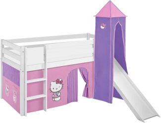 Lilokids 'Jelle' Spielbett 90x190 cm, Hello Kitty Lila, Kiefer massiv, mit Turm, Rutsche und Vorhang