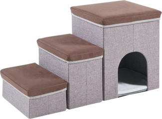 [en. casa] 'Vojens' Hundetreppe mit 3 Stufen und Höhle, MDF braun / grau, 33 x 76 x 43 cm