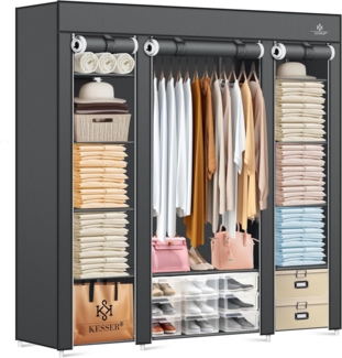 KESSER® Kleiderschrank Stoffschrank Stabil mit Kleiderstange & Ablagen, Inkl. 5x Kleiderbügel, Stoff Faltschrank für Schlafzimmer, Ankleidezimmer Garderobe mit Kleiderständer 150x45x175cm Anthrazit