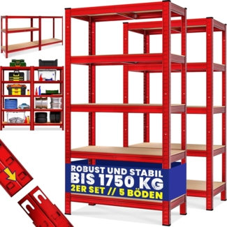 Monzana® 2X Schwerlastregal 180 x 90 x 40 cm rot 1750kg 10 MDF-Platten Montagematerial Kellerregal Lagerregal Steckregal Metallregal Werkstattregal
