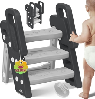 KIDIZ® Tritthocker für Kinder Trittleiter Klappbar mit 3 Stufen | Faltbarer Lern-Turm ab 18 Monaten bis 6 Jahren | Robust | Sicherer & Stabiler Trittschemel | Höhenverstellbar Rutschfest Anthrazit / Grau