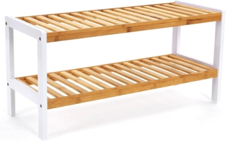 Schuhregal aus Bambus, Schuhablage mit 2 Ebenen, Schuh-Organizer, Regal für Schuhe, Pflanzen, Bücher, Wohnzimmer, Flur, Schlafzimmer, Badezimmer, 70 x 26 x 33 cm, weiß-naturfarben LBS02H