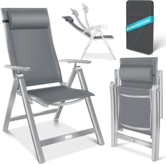 KESSER® Gartenstuhl Hochlehner mit Armlehnen | Aluminium Klappstuhl inkl. Kopfkissen Campingstuhl 7-Fach Verstellbar Rückenlehne | Atmungsaktiv & Wetterfest | Klappbar & Anti-Rutsch Hellgrau, 1 Stück