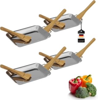 Bremermann Grillpfannen mit 8 Bambus-Schaber, 4er-Set, Edelstahl silber / Bambus natur, 13 x 2,5 x 20 cm