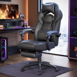 Songmics Gamingstuhl mit Fußstütze, Schreibtischstuhl, ergonomisches Design, verstellbare Kopfstütze, Lendenstütze, bis zu 150 kg belastbar, Schwarz