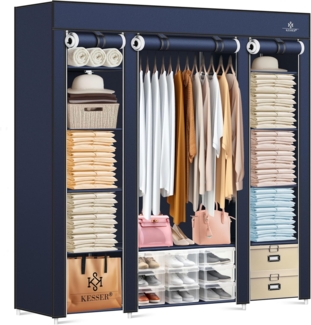KESSER® Kleiderschrank Stoffschrank Stabil mit Kleiderstange & Ablagen, Inkl. 5x Kleiderbügel, Stoff Faltschrank für Schlafzimmer, Ankleidezimmer Garderobe mit Kleiderständer 150x45x175cm Navyblau