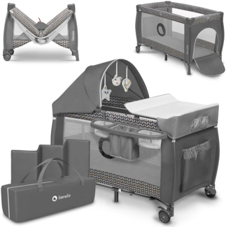 Lionelo Sven Plus 2 in 1 Baby Bett Laufstall Baby ab Geburt bis 15 kg Wickelauflage Moskitonetz luftige Seitenwände mit Seiteneingang Tragetasche zusammenklappbar (Grey Scandi)