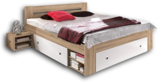 Doppelbett mit 2 Nachtkommoden STEFAN Bett Ehebett Schlafzimmer 180 x 200 cm Eiche Sonoma weiß Bettkasten