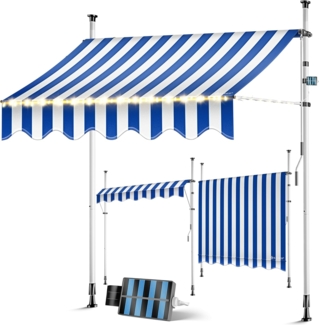 KESSER® Klemmmarkise mit Handkurbel & LED Lichterkette | Balkonmarkise ohne Bohren | Markise UV-beständig höhenverstellbar & wasserabweisend | Sonnenschutz für Balkon Terrasse & Garten Blau / Weiß, 150 cm