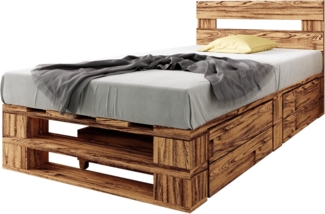 sunnypillow Palettenbett M2 aus Holz 100x200 cm mit Kopfteil und 2 Bettkästen. Stabiles Seniorenbett Kinderbett Jugendbett Gästebett erhöhtes Einzelbett Bettgestell Futonbett Komforthöhe Geflammt