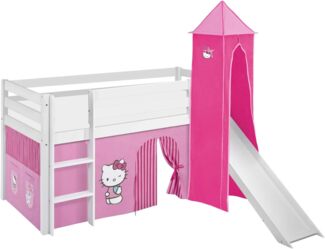 Lilokids 'Jelle' Spielbett 90x190 cm, Hello Kitty Rosa, Kiefer massiv, mit Turm, Rutsche und Vorhang