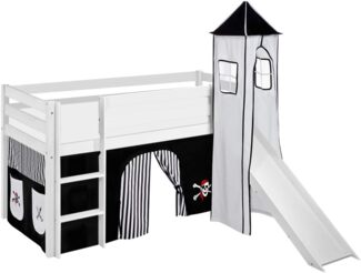 Lilokids 'Jelle' Spielbett 90x200 cm, Pirat Schwarz Weiß, Kiefer massiv, mit Turm, Rutsche und Vorhang
