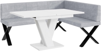 MEBLINI Eckbank für Esszimmer mit ausziehbarem Tisch - Küchenbank - Essecke - Sitzecke Küche - PETER - X-Beine 128x168x87cm Rechts - Hellgrau Samt/M Weiß Matt