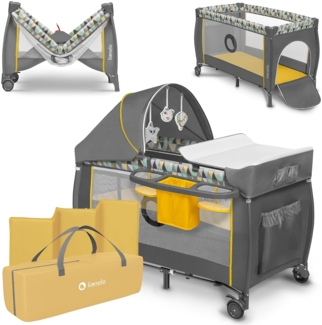 Lionelo Sven Plus 2 in 1 Baby Bett Laufstall Baby ab Geburt bis 15 kg Wickelauflage Moskitonetz luftige Seitenwände mit Seiteneingang Tragetasche zusammenklappbar (Yellow Scandi)