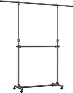 SONGMICS Kleiderständer mit 2 Kleiderstangen, ausziehbare Garderobenstange, mit Rollen, Garderobenständer, höhenverstellbar zwischen 113 und 180 cm, untere Stange verstellbar, schwarz LLR401B01