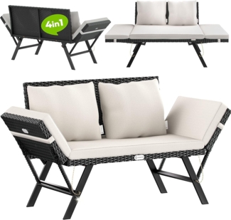 Casaria® Gartenbank mit Liegefunktion / Auflage / Kissen, Polyrattan schwarz / weiß, 176 x 56 x 81 cm