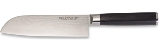 ECHTWERK Damastmesser, Santokumesser, traditionelles japanisches Messer, Kochmesser, Küchenmesser, scharfe Klinge für präzise Schnitte von Fleisch, Fisch & Gemüse, Klingenlänge ca. 18cm, Holzgriff