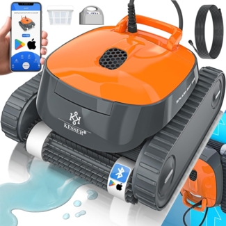 KESSER® Poolroboter für Boden und Wand, Poolsauger bis 100m² Pools & eine leistungsstarke Reinigung, Poolreiniger vollautomatisch mit App-Funktion & Kontrollmodul, Inkl. Abdeckung, Klettermechanismus Anthrazit / Orange, 72 m²