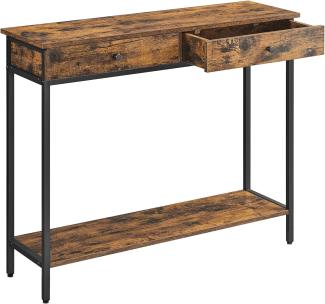 Vasagle Konsolentisch, Flurtisch, Beistelltisch, Sofatisch mit 2 Schubladen, Stahlgestell, Flur, Wohnzimmer, Industrie-Design, vintagebraun-schwarz LNT015B01