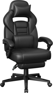 Songmics Bürostuhl, Schreibtischstuhl, ausziehbare Fußstütze, Kopfkissen, Lendenkissen, höhenverstellbar, ergonomisch, neigbare Rückenlehne, bis 150 kg belastbar, tintenschwarz