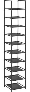 Songmics Schuhregal, 10 Ebenen, schmal, 33 x 33 x 173 cm, Metallgestell, Ablagen aus Vliesstoff, schwarz