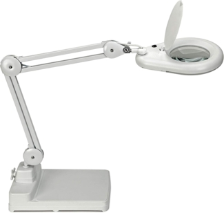 MAUL LED-Lupenleuchte Glaslinse 127mm (5 Zoll) Standfuß weiß m. Abdeckung,runder Kopf