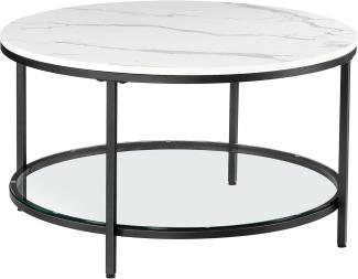 Vasagle Couchtisch mit Glasplatte, Holz / Stahl, Marmorweiß-Tintenschwarz, Ø 80x46 cm