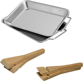 Bremermann Grillpfannen mit 4 Bambus-Schaber, 2er-Set, Edelstahl silber / Bambus natur, 13 x 20 x 2,5 cm
