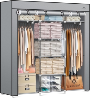 KESSER® Kleiderschrank Stoffschrank Stabil mit Kleiderstange & Ablagen, Inkl. 5X Kleiderbügel, Stoff Faltschrank für Schlafzimmer, Ankleidezimmer Garderobe mit Kleiderständer 150 x 45 x 175 cm Grau