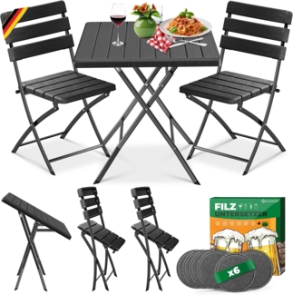 KESSER® Bistroset 3-teilig Balkontisch mit 2 Stühlen | Balkonmöbel Wetterfest & UV-beständig Balkonset klappbare Sitzgruppe | Beschichtetes Stahl | Gartenmöbelset mit 6 Filz-Untersetzer Anthrazit, Holz-Optik